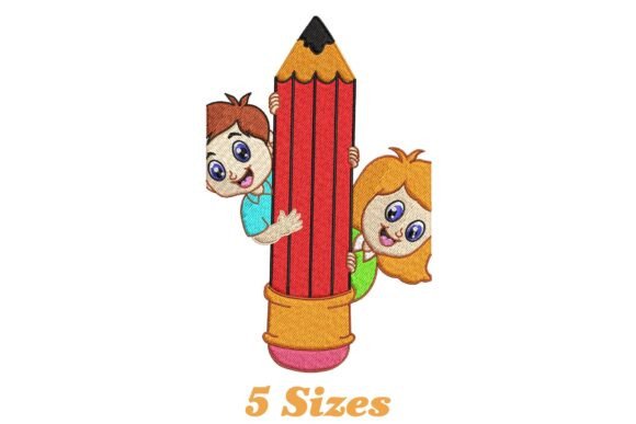 Pencil with Boys and Girls Embroidery Design